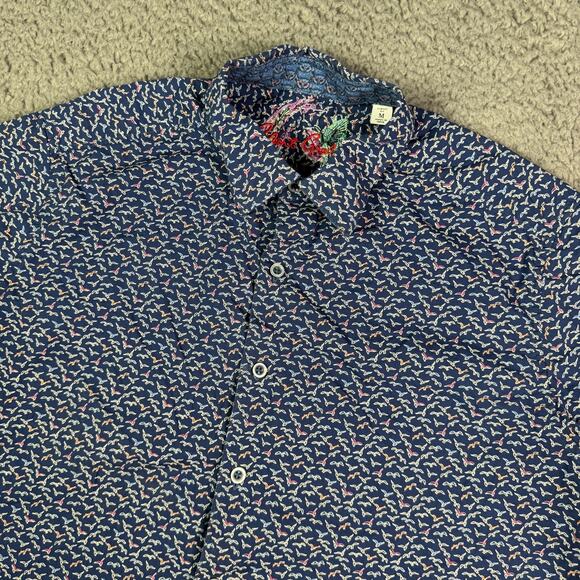 Robert Graham Shirt Mens M Blue Short Sleeve Classic Bird Owl Print Button Up - Picture 1 of 9